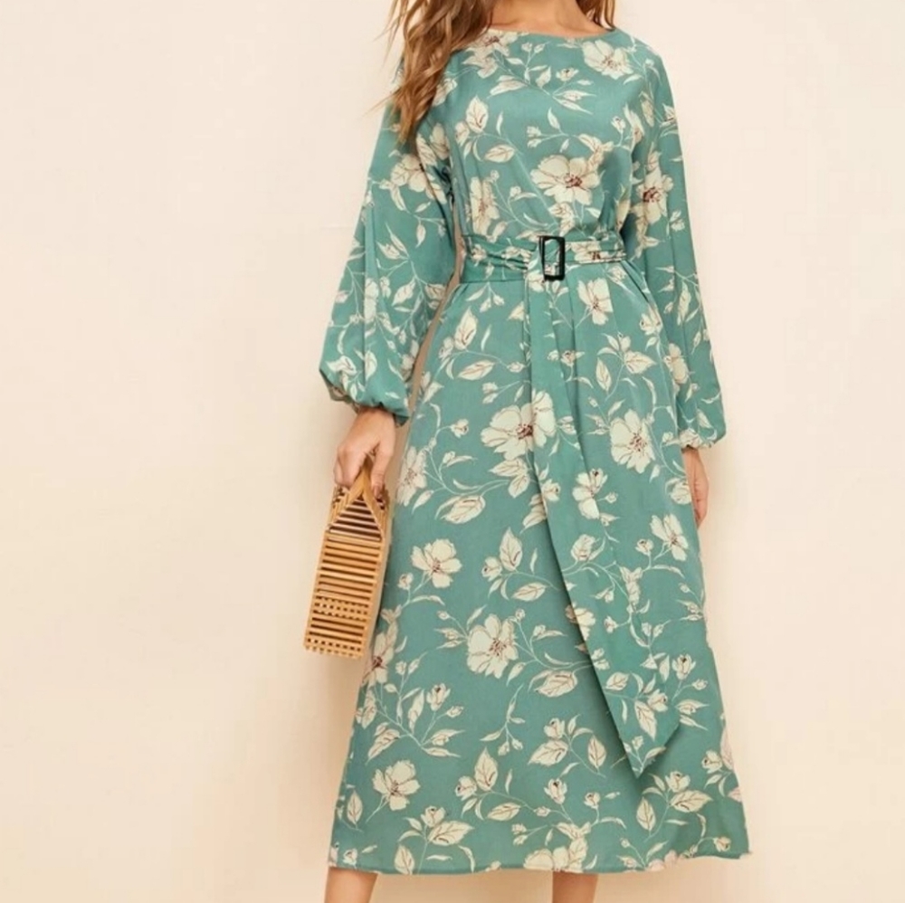 Modest Long Sleeve, belted dress with floral pattern!